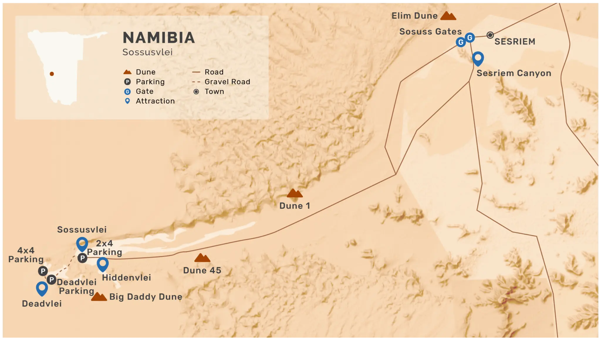 Mappa strada Sossusvlei e Deadvlei